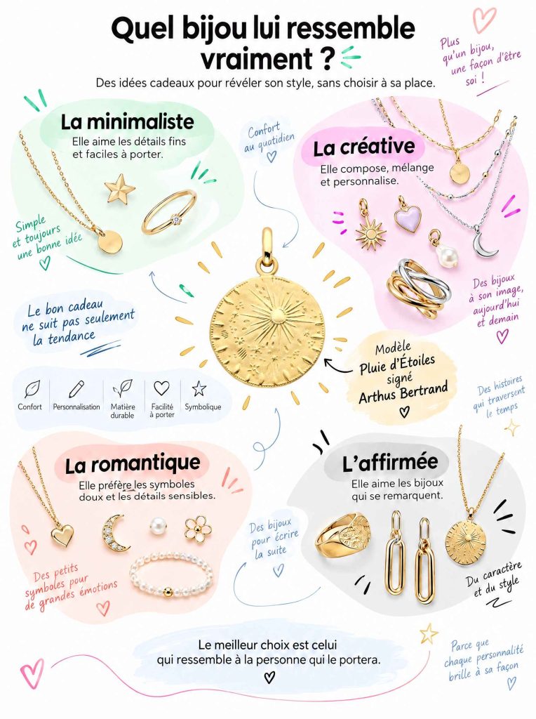Infographie présentant des idées cadeaux bijoux pour adolescentes selon leur style avec le Médaille Arthus Bertrand Pluie d'Étoiles au centre.