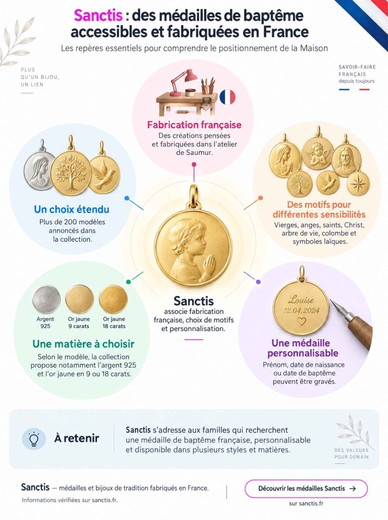 Infographie synthétisant les avis sur Sanctis et ses médailles de baptême fabriquées en France. Les médailles représentées ne proviennent pas du catalogue Sanctis.