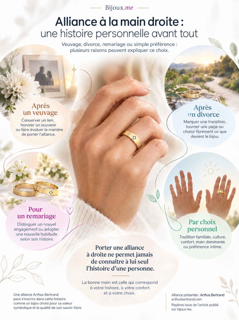 Infographie sur le port de l’alliance à la main droite après un veuvage, un divorce ou un remariage