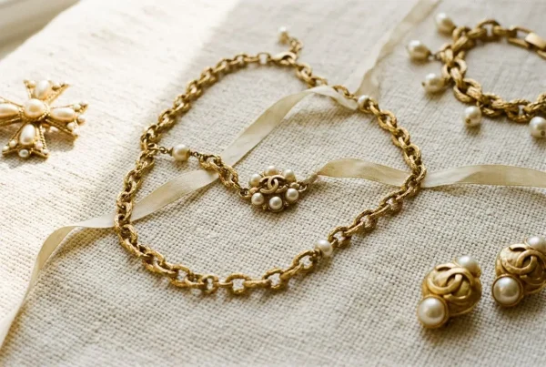 Collier en bijoux chanel vintage et pièces dorées ornées de perles sur tissu, avec bagues assorties et broche élégante.