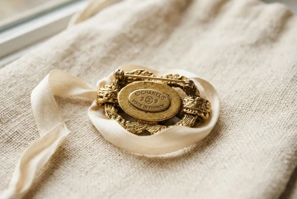 Brooch Chanel vintage en or avec étiquette 1990, posé sur tissu, signe "CHANEL Made in France".